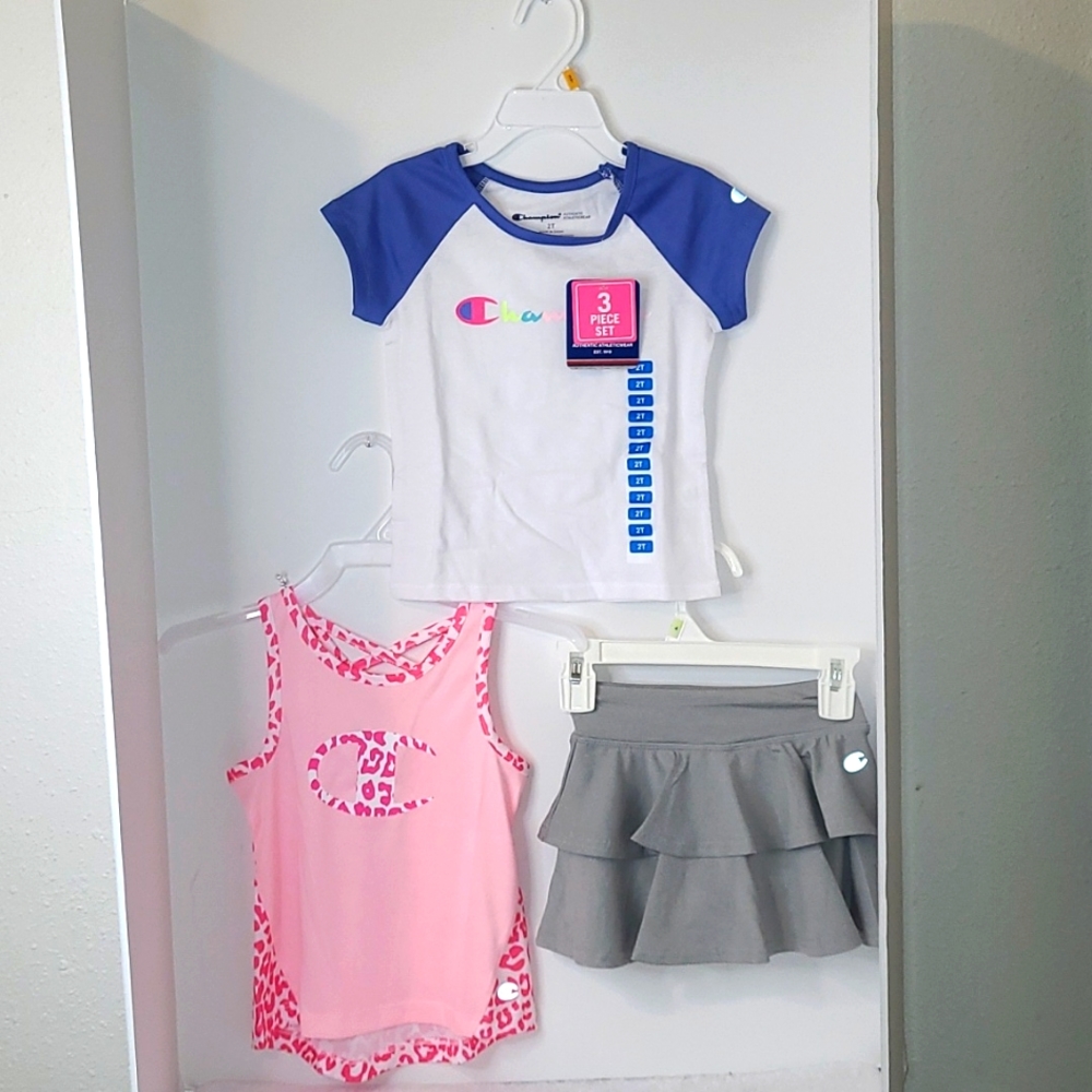 NWT Champion 3pc Activewear Set Girls Toddler Size 3T White-Grey-Blue-Pink)